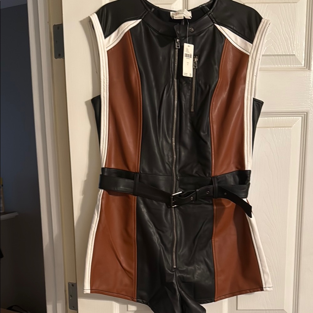 Anthropologie Sleeveless Faux Leather Romper with belt and zipper
